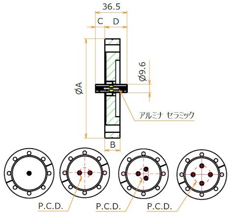 同軸 MHV-JJ 4個付き ICF114 フランジ 寸法画像